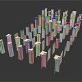 Arranged Dominoes In City Like Structure With Various Heights On White Background