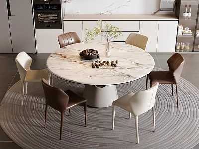 Modern Round Marble Dining Table Set With Six White And Brown Chairs 3d model