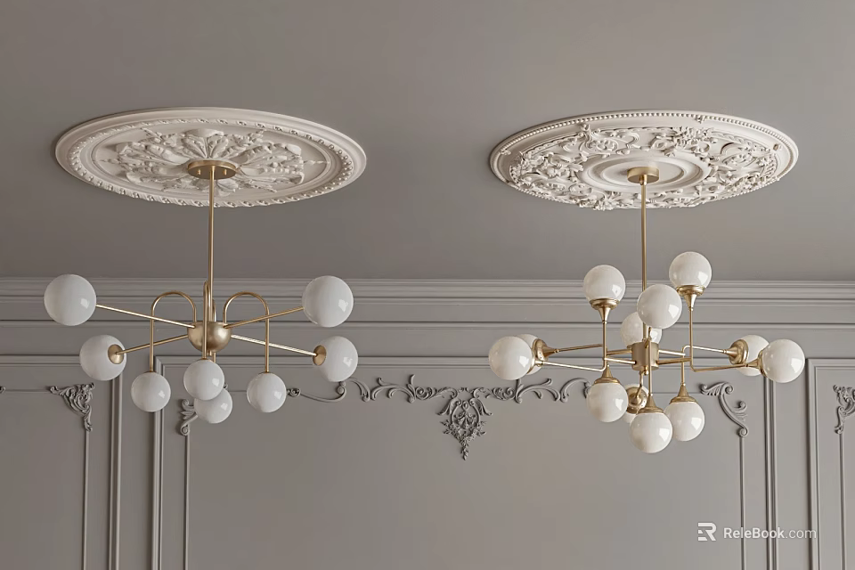 Elegant Chandeliers With Gold Frames White Spherical Bulbs On Gray Walls With Decorative Ceiling Medallions 3d model 