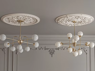 Elegant Chandeliers With Gold Frames White Spherical Bulbs On Gray Walls With Decorative Ceiling Medallions 3d model