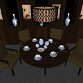 Traditional Round Dining Table Set with Tea Set Chairs and Wooden Wall Decorative Paintings