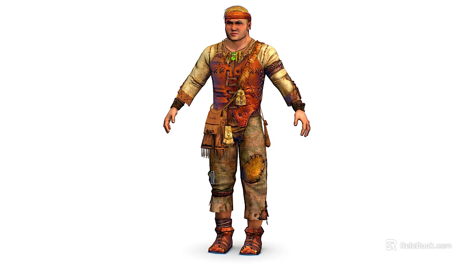 Rugged Explorer Character in Patched Clothing with Decorative Pouches and Creature Interaction 3d model 