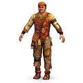 Rugged Explorer Character in Patched Clothing with Decorative Pouches and Creature Interaction
