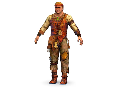 Rugged Explorer Character in Patched Clothing with Decorative Pouches and Creature Interaction 3d model