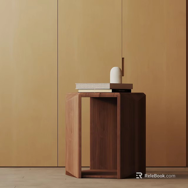 Modern Walnut Side Table With Stacked Books And Decorative Object 3d model 