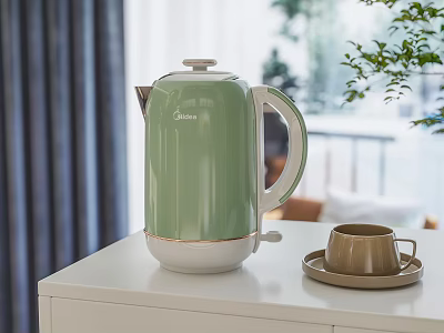 Green Electric Kettle On White Cabinet With Cup And Saucer In Indoor Setting 3d model