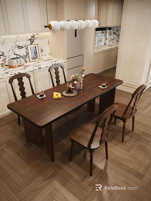 Modern Wooden Dining Table Set With Vase Fruits Cups And Kitchen Countertop 3d model 