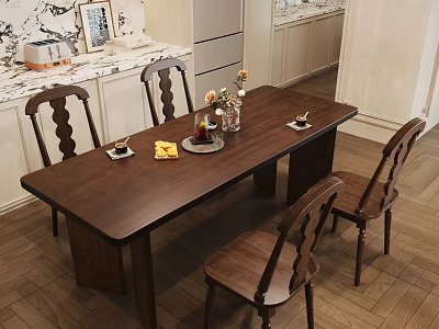 Modern Wooden Dining Table Set With Vase Fruits Cups And Kitchen Countertop 3d model
