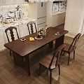 Modern Wooden Dining Table Set With Vase Fruits Cups And Kitchen Countertop