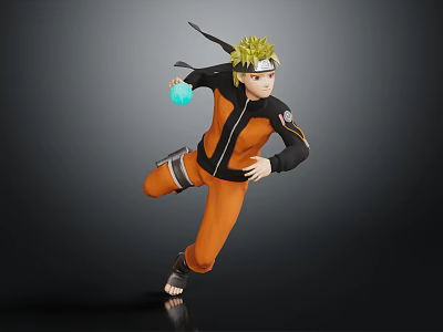 Blonde Haired Ninja Character In Orange Black Outfit Holding Blue Energy Ball In Dynamic Stance 3d model