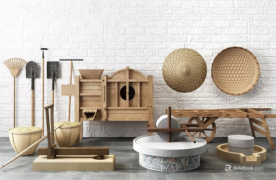 Rustic Garden Decorations with Wooden Plow Bamboo Hats and Stone Mill Against White Brick Wall 3d model 