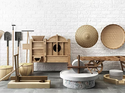 Rustic Garden Decorations with Wooden Plow Bamboo Hats and Stone Mill Against White Brick Wall 3d model