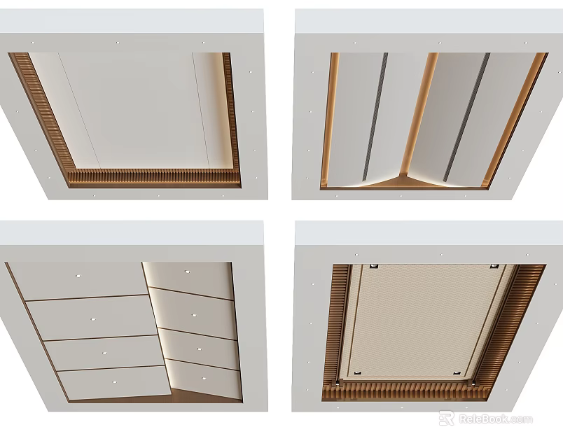 Various Modern Ceiling Designs Featuring Wooden Trim Panel Details And Decorative Lines 3d model
