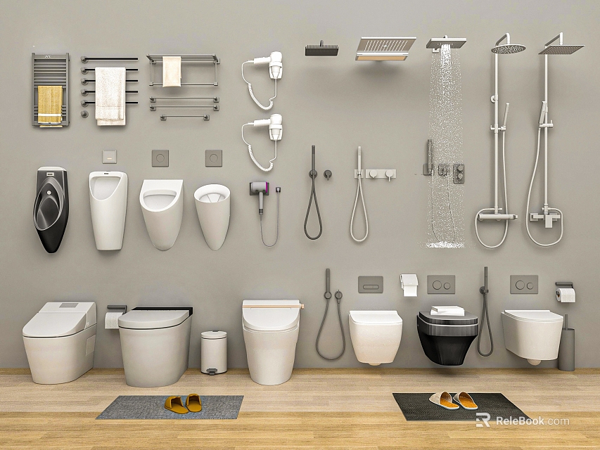 Modern Bathroom Fixtures Collection With Toilets Urinals Sinks Showers Racks And Mats 3d model 