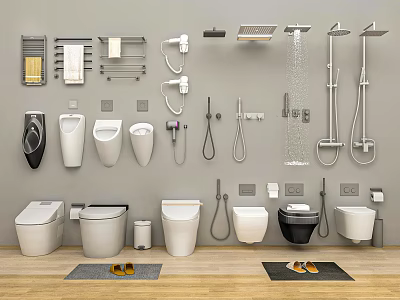 Modern Bathroom Fixtures Collection With Toilets Urinals Sinks Showers Racks And Mats 3d model