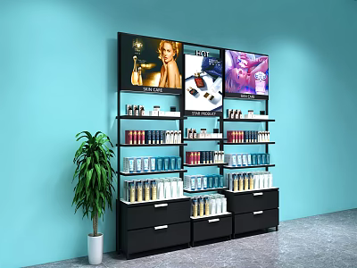 Modern Display Shelves With Multi Tiered Cosmetics Skincare Products Digital Screens And Green Plant 3d model