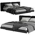 Modern Double Bed with Black Headboard Gray Sheets Dark Blanket and White Pillows 3d model