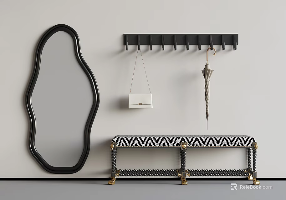 Black Oval Mirror Hook Rack With White Bag Umbrella And Striped Bench Gold Legs 3d model 