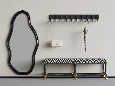 Black Oval Mirror Hook Rack With White Bag Umbrella And Striped Bench Gold Legs 3d model