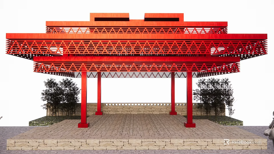 Red Latticed Structure With Columns And Stone Pavement Near Small Trees 3d model