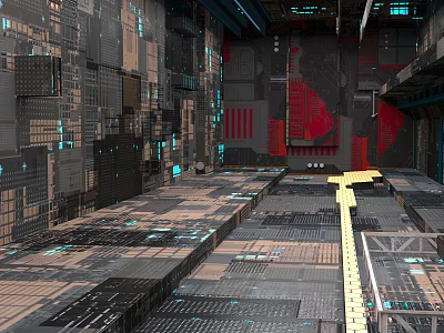 Cyberpunk Industrial Interior Featuring Metallic Panels Red Accents And Futuristic Tech Lights 3d model