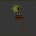 Vintage Gramophone With Green Horn And Wooden Base On Table Stand