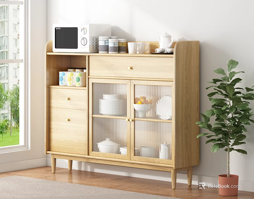 Wooden Sideboard With Glass Doors Holding White Dishes Microwave And Jars In Bright Room 3d model 