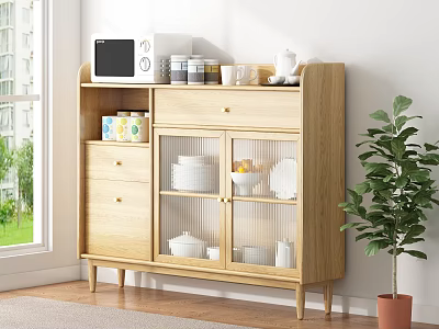 Wooden Sideboard With Glass Doors Holding White Dishes Microwave And Jars In Bright Room 3d model