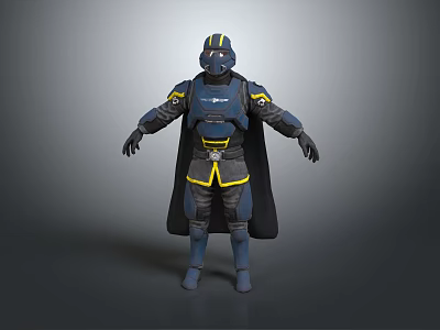 Futuristic Armored Character Standing In Dark Blue Armor With Yellow Accents And Cloak 3d model