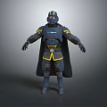 Futuristic Armored Character Standing In Dark Blue Armor With Yellow Accents And Cloak