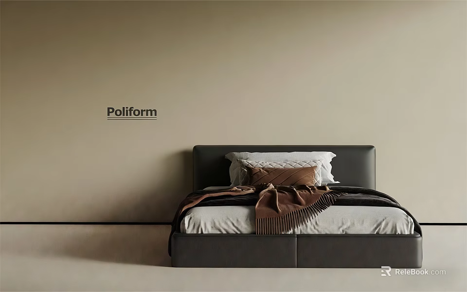 Stylish Single Bed With Black Headboard White Brown Pillows Brown Blanket Beige Wall Poliform Logo 3d model 