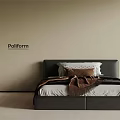Stylish Single Bed With Black Headboard White Brown Pillows Brown Blanket Beige Wall Poliform Logo