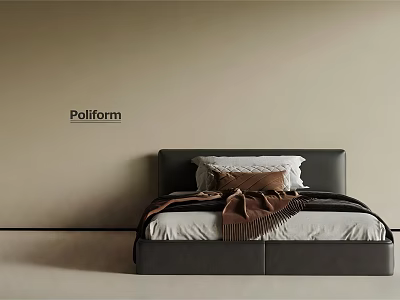 Stylish Single Bed With Black Headboard White Brown Pillows Brown Blanket Beige Wall Poliform Logo 3d model