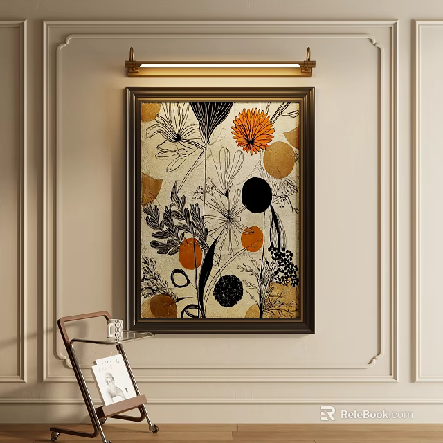 Decorative Painting With Floral Circular Patterns Orange Black Yellow Beige Dark Frame Light Wall 3d model 