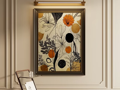 Decorative Painting With Floral Circular Patterns Orange Black Yellow Beige Dark Frame Light Wall 3d model