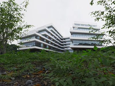 Modern Layered Office Building Featuring Glass Facade And Lush Greenery Surroundings 3d model