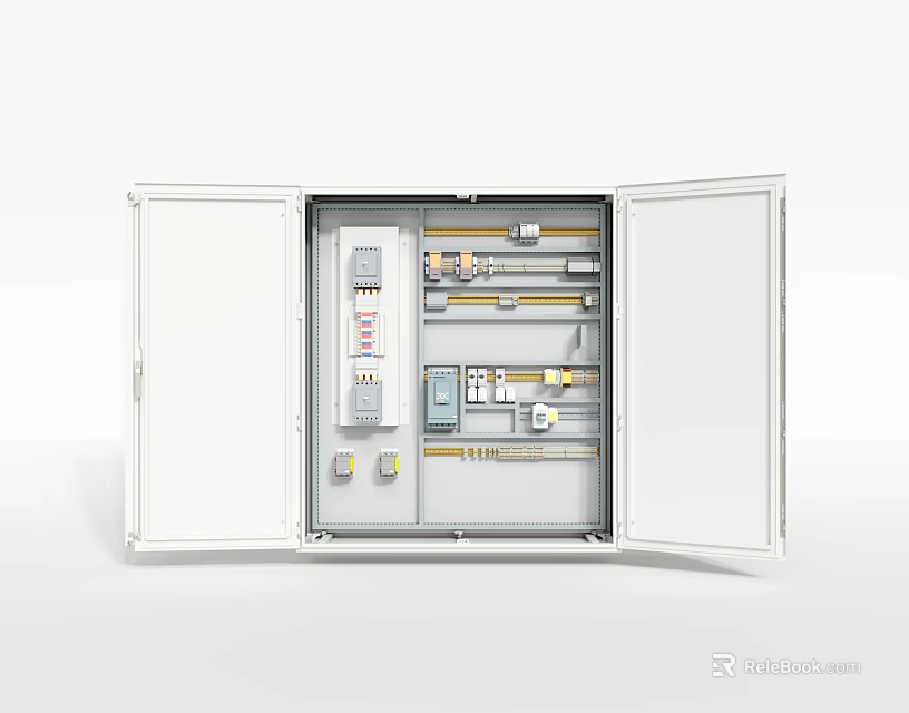 Industrial Equipment Open Electrical Control Cabinet Featuring Internal Wiring Switches And Meters 3d model 