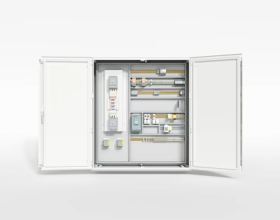 Industrial Equipment Open Electrical Control Cabinet Featuring Internal Wiring Switches And Meters 3d model