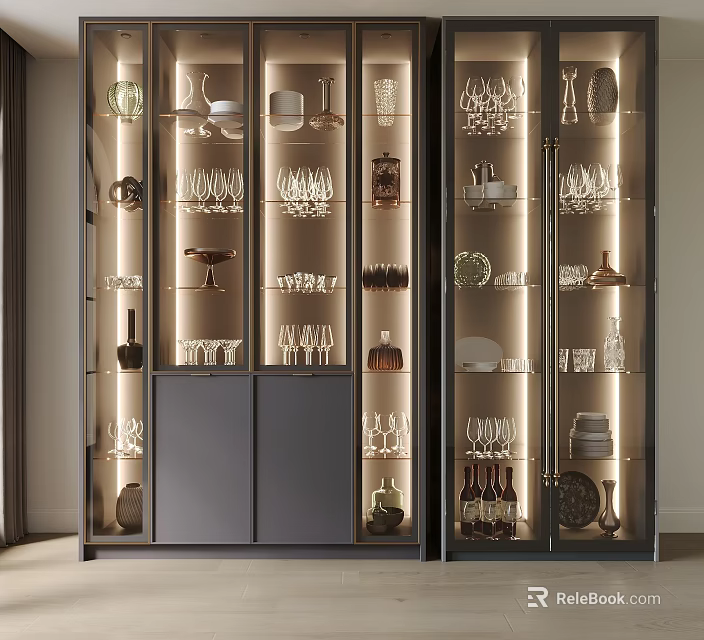 Elegant Modern Wine Cabinet With Glass Doors And Illuminated Display Of Wine Glasses Bottles 3d model 