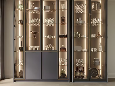 Elegant Modern Wine Cabinet With Glass Doors And Illuminated Display Of Wine Glasses Bottles 3d model