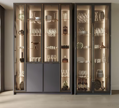 Elegant Modern Wine Cabinet With Glass Doors And Illuminated Display Of Wine Glasses Bottles 3d model