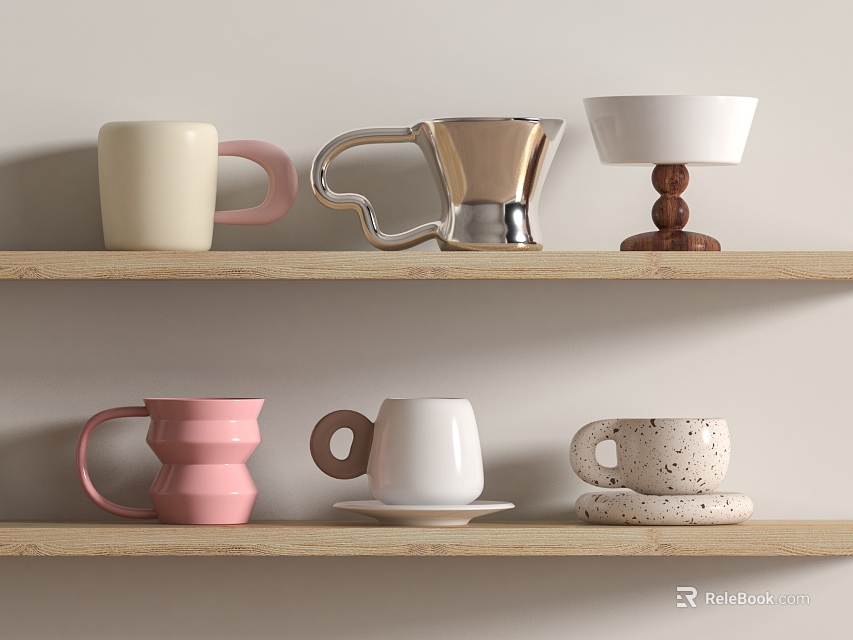 Different Designed Ceramic Cups On Wooden Shelf Showcasing Beige Pink White And Speckled Patterns 3d model 