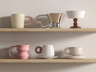 Different Designed Ceramic Cups On Wooden Shelf Showcasing Beige Pink White And Speckled Patterns 3d model