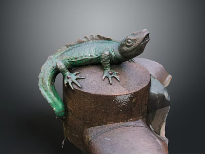 Green Reptile Lizard Statue Perched On Rusted Metal Pillar With Textured Surface 3d model