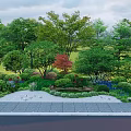Lush Arbor Trees In Natural Garden Landscape With Green Shrubs And Wooden Bench