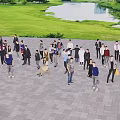 Group of People in Paved Plaza With Green Grass Lake Trees and Bridge