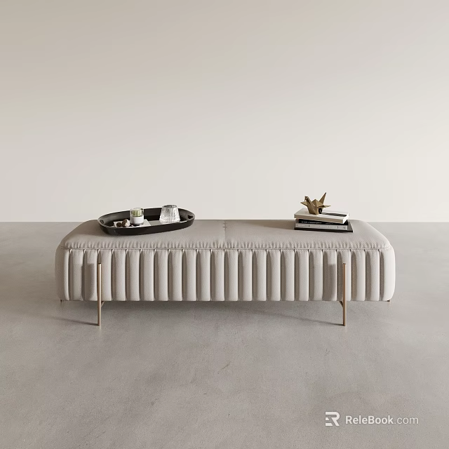 Modern Beige Velvet Sofa Bench With Pleated Design Gold Metal Legs Decorative Tray Books Ornaments 3d model 