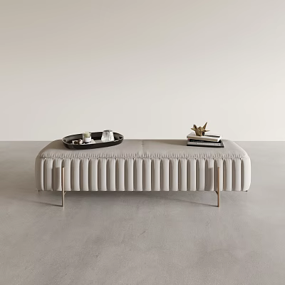 Modern Beige Velvet Sofa Bench With Pleated Design Gold Metal Legs Decorative Tray Books Ornaments 3d model