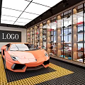 Luxury Car Dealership Showroom With Blue Red Sports Cars Wheel Rims And Geometric Ceiling