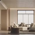 Modern Living Dining Room With Beige Sofa Round Coffee Table Floor Lamp And Potted Plant
